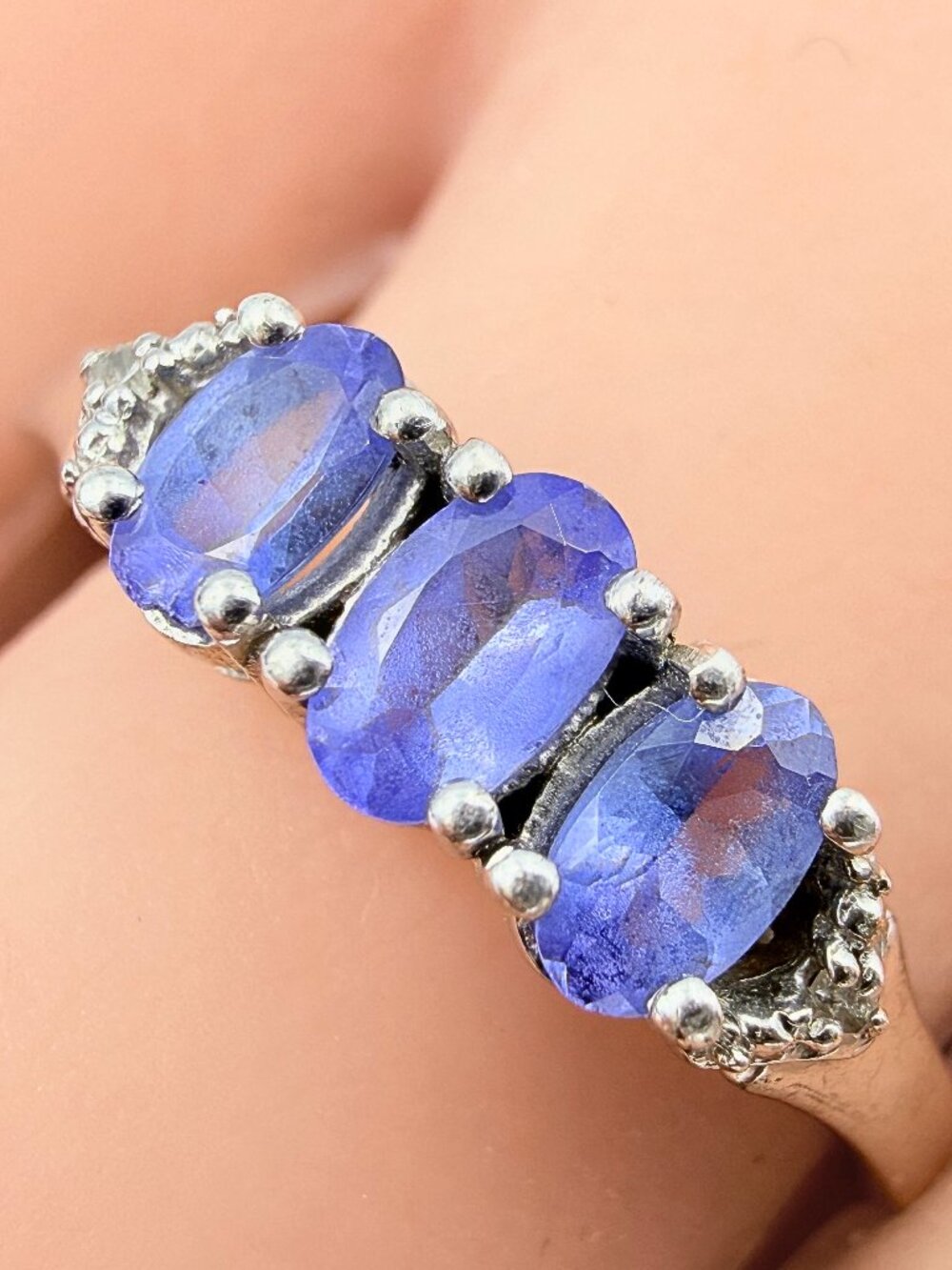Modern Traditional Marked Sterling Silver  Blue Glass Trilogy Ring Sz 9.75